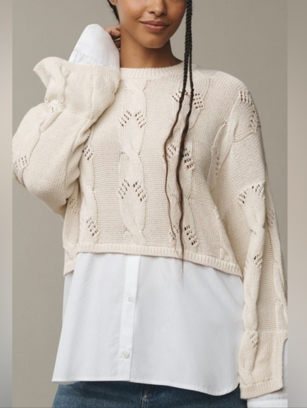 Anthropologie Pilcro Cable Knit Twofer Sweater Womens Size L Cream Preppy Office
